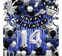 14th Birthday Decorations for Boys and Girls, Black Blue Silver Happy Birthday Number 14 Balloons, Banner, Fringe Curtains Garland Kit - 14 Year Old Party Supplies