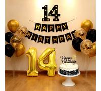 14th Birthday Decorations for Boys, Black Gold Balloons Party Decoration with LED Light Up Marquee Numbers Sign, 32inch Number 14 Balloons, Happy Birthday Banner, Cake Topper for 14th Party Decor