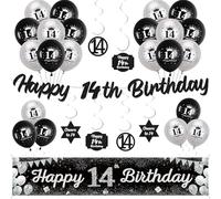 14th Birthday Decorations for Boys Girls - Black Silver Happy 14th Birthday Yard Garland and Banner, Glitter Hanging Swirls Decor and Latex Balloons for 14 Years Old Children