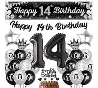 14th Birthday Decorations for Boys Girls - Glitter Black Silver Happy 14th Birthday Yard Banner, Star Heart Crown Number Foil Balloons Confetti Balloon Cake Topper for 14 Years Old Children