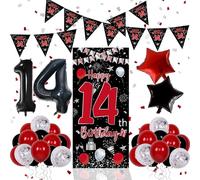 14th Birthday Decorations for Boys Girls, Red Black Happy 14th Birthday Decorations Boy 14 Year Old Birthday Door Banner Sign, Triangle Flag, Large 14 Balloons Decor for 14 Bday Party Supplies