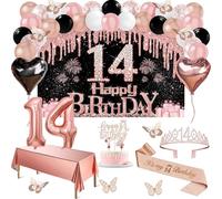 14th Birthday Decorations for Girls, 49pcs Black Rose Gold Black Banner, Tablecloth, Butterfly Decor, 14th Birthday Sash and Tiara, Cake Topper, Candles, Balloons Arch