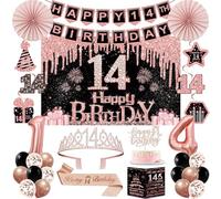 14th Birthday Decorations for Girls, Rose Gold 14th Birthday Party Kits | 32pcs Happy 14 Years Old Party Decorations Set, Backdrop, Crown, Sash, Banner, Cake Topper, Balloons, Card, Paper Fans