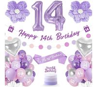 14th Birthday Decorations Girls, 14th Birthday Banner, Purple Fantasy Party Set Includes Number 14 Balloon, Sash, Cake Topper, Banner, Purple Flower, Party Decorations for 14 Years Girls