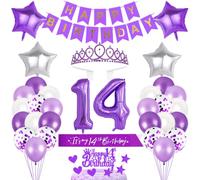 14th Birthday Decorations Girls Birthday Princess Crown Birthday Sash Happy Birthday Banner Cake Toppers Number Balloons Decorations Set for 14 Years Old Birthday Party Supplies, Warm Photo Backdrop