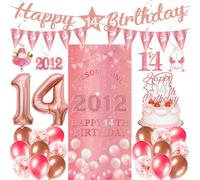 14th Birthday Decorations Girls Kit - 27 Pcs Rose Gold Happy 14th Birthday Banner Triangular Flag Hanging Swirls Backdrop Cake Topper 14 Balloon Set for 14 Years Old Party Decoration Supplies
