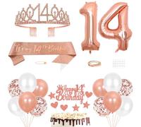 14th Birthday Decorations Princess Crown Queen Tiara It's My 14th Birthday Sash 14 Year old Cake Topper Number Balloons Set for Party Supplies, Rose Gold