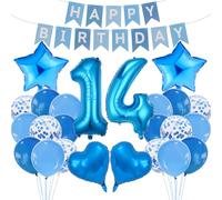 14th Birthday Decorations Set Blue Theme Happy Birthday Banner Bunting Balloon Decor Photo Backdrop for Teen Boys Girls Party Supplies Celebration Decor Event Bundle Bunting Set Party Pack