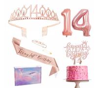 14th Birthday Decorations Set Rose Gold 14th Birthday Sash and Tiara Party Crown, Cake Topper and Candles, Foil 14 Number Balloons, 14th Year Old Party Supplies Gifts for Her Girl