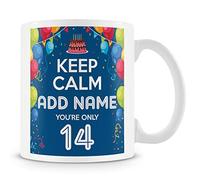 14th Birthday Gift for Boys - Personalised Mug/Cup - Add Name - Keep Calm Design - Blue