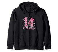 14th Birthday Girl Pink Leopard Bow Crown Cute 14 Years Old Zip Hoodie