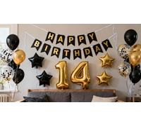 14th Birthday Party Decoration Black Gold for Boys, Birthday Banner Number 14 Foil Balloons Latex Confetti Balloon for Boys Him Son 14 Years Old Anniversary Decoration Supplies(14th)