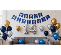 14th Birthday Party Decoration for Boys, Birthday Banner Blue Number 14 Balloons Metallic Silver Blue Gold Latex Balloon for Boys Him Son 14 Years Old PartyDecoration (14th)