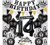 14th Birthday Party Decorations for Boys - Black Silver Happy Birthday Banner Pennant Flags Garlandand Sash, Star Heart Crown Number Foil Balloons Cake Toppers for 14 Years Old Teens