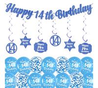 14th Birthday Party Decorations for Boys - Blue Happy 14th Birthday Banner and Latex Printed Balloons, Hanging Swirls Backdrop Decor Confetti Balloon for Kids 14 Years Old Party Supplies