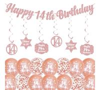 14th Birthday Party Decorations for Girls - Rose Gold Happy 14th Birthday Banner and Latex Printed Balloons, Hanging Swirls Backdrop Decor Confetti Balloon for Kids 14 Years Old Party Supplies