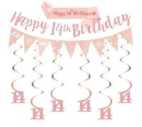 14th Birthday Party Decorations Girls - Happy Birthday Banner Decor Set with Glitter Garland Sash, Rose Gold Number 14 Hanging Swirls Bunting for 14 Years Old Party Supplies