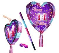 14th birthday pinata with stick - Girls Fourteen party smashing game - Big 41cm x 38cm