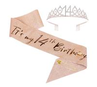 14th Birthday Sash and Tiara Set Rose Gold Birthday Sash Crown Birthday Party Favors Supplies for Girls Birthday Party