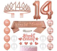 14th Birthday Sash Princess Crown Queen Tiara Rhinestone Headbands Cake Toppers Number 14 Helium Balloons Rose Gold Latex Balloon 14 Birthday Decoration for Girls 14 Year Old Birthday Party Supplies