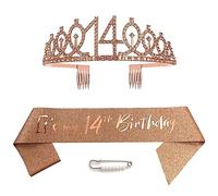 14th Birthday Sash Tiara and Crowns for Girls, Birthday Queen Rose Gold Tiara,Princess Tiara Rhinestone Headbands with Combs Bridal Wedding Tiaras for Wedding Prom Bridal Party Christmas