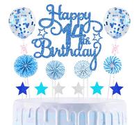 14th Cake Decorations Happy Birthday Blue Cake Picks Star Paper-fans Balloon Cupcake Toppers for 14th Birthday Decorations Party Supplies