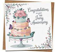 14th Ivory Wedding Anniversary Card - Congratulations Greeting with Cake & Butterflies Design, Square 145mm x 145mm, Includes Kraft Envelope for Husband, Wife or Couple