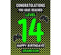 14th Level Gamer Birthday Card (Grandson) - from Grandad Grandma Greeting Gift Keepsake Blank Inside Hobby Theme Premium Quality Envelope Included UK Seller