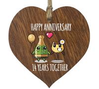 14th Wedding Anniversary Plaque Gift for Husband Wife - 14 Years Together - Happy 14 Year Anniversary Wooden Heart for Women Men Partner, Dark Wood Sign Keepsake Gifts