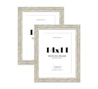 14x11" Distressed White Oak Picture Frame with A4 Mount - Barnwood Photo Frame with Distressed Finish, Wall Hooks and Kickstand, 32mm Edge - 2 Pack