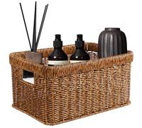 14x9x7 Inch Dark Brown Reinforced Rustic Wicker Storage Basket with Handles & Drainage, Large Capacity Interlocking Woven Storage Basket for Bathroom, Kitchen, Pantry