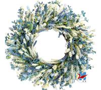 15.7 in / 40 cm Artificial Flower Wreath, Blue and White Mixed Floral Wreath with Dense Greenery, Spring Summer Decor for Front Door Wall Hanging, Lifelike Floral Arrangement for Home Wedding