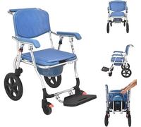 15.7 Inch Pu Rear Wheel Bucket/Lid/Splash Guard 4-in-1 Toilet Shower Wheelchair- Foldable Commode Chair Mobile Bathroom Stool for Elderly,Height Adjustable