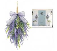 15.7 Inch Teardrop Artificial Lavender Swag with Eucalyptus & Burlap Bow, Faux Floral Wreath for Front Door, Porch, Wall, Window Décor