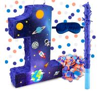 15.7" Space Number 1 Pinata, Astronaut Rocket Planet 1st Birthday Pinata with Stick Blindfold Confetti, First Trip Around The Sun Decoration for Boys