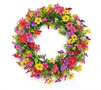15.75'' Artificial Wreath for Outdoor Indoor UV Resistant Plastic Faux Flowers Daisy with Eucalyptus Leaves, Summer Wreath for Home Garden, Porch, Front Door, Mix for Fuchsia Purple Yellow Red