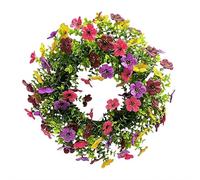 15.75'' Artificial Wreath for Outdoor Indoor UV Resistant Plastic Faux Flowers Daisy with Eucalyptus Leaves, Summer Wreath for Home Garden, Porch, Front Door, Mix for Fuchsia Purple Yellow Red