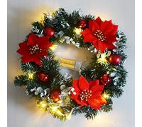 15.75 Inch Pre-Lighted Artificial Christmas Wreath, Spruce, White Lights, Decorated with Frosted Balls, Flowers, Christmas Collection Wreath, Decoration for Front Door (Red)