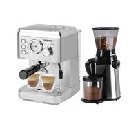 15 Bar Espresso Coffee Maker Machine 1.8L Tank & Burr Coffee Grinder Set Geepas Metallic Silver One Size