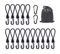 15 Bungee Cords, 1 Storage Bag, 2 Carabiner, Elastic Band with Spiral Hook, Rubber Tensioner, Extension Sling for Outdoor Camping (Black)