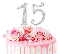 15 Cake Topper, Silver Crystal Rhinestone 15th Birthday Cake Topper, Sparkly Cake Decoration for Quinceañera Birthday Party, Anniversary, Numero 15 Para Pastel Decoracion