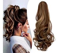 15" Claw Clip Long Ponytail Hair Extension Wavy Synthetic Hairpiece for Women, Ash Blonde Ombre with Light Brown Roots