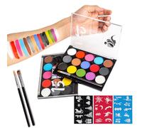 15-Color Neon Face Paint Kit, UV Glow-in-the-Dark Body Paint with 2 Brushes & 30 Stencils, Washable & Non-Toxic Face Body Painting Kit for Halloween Party Carnival