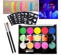 15-Color Neon Glow Face Art Water-Based Washable Paint Palette with Two Brushes - 44 Reusable Stencils for Halloween Carnival Party Cosplay Festive Events Adults Older Participants UV Light