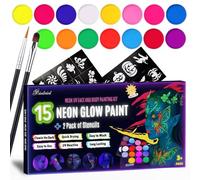 15 Colors Neon Face Paint Kit for Kids & Adults - UV Glow Body & Face Painting Set with Brushes & Stencils | Non-Toxic, Quick Dry, Easy to Wash, Long-Lasting Party Makeup