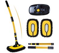 15° Curved Car Wash Brush Mop, Telescopic Cleaning Brushes Long Handle, Microfiber Car Wash Mop with Replaceable Brush Head, Extendable Cars Washing Brushes for Van Motorhome Caravan RV Truck,Yellow