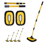 15° Curved Car Wash Brush Mop with Long Handle Telescopic RV SUV Van Truck Camper Window Cleaning Microfibre Wash Brush Auto SUV Wheel Boat Exterior Interior Detailing 2 in 1 Carwash Duster, Yellow
