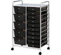 15 Drawer Rolling Storage Trolley - Home, DIY, Makeup, Kitchen, Bathroom, Salon, Beauty, Office, Stationary Organiser - Top Shelf with Rolling Wheels - Translucent Finish (Black)