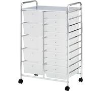 15 Drawer Rolling Storage Trolley - Home, DIY, Makeup, Kitchen, Bathroom, Salon, Beauty, Office, Stationary Organiser - Top Shelf with Rolling Wheels - Translucent Finish (White)