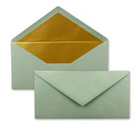 15 envelopes DIN long - Eucalyptus (green) with gold metallic inner lining - 110 x 220 mm - wet glue - festive envelopes for Christmas